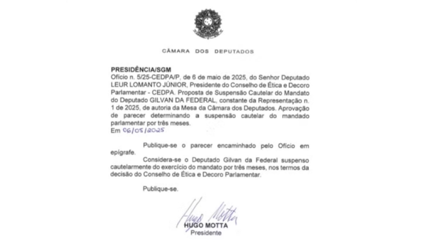 Hugo Motta oficializa suspensão do mandato de Gilvan da Federal por ofensas a Gleisi Hoffmann