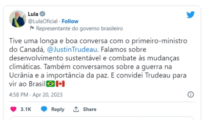 Lula discute guerra na Ucrânia e combate a mudanças climáticas com primeiro-ministro do Canadá