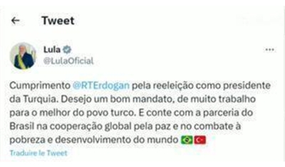 No Twitter, Lula parabeniza Erdogan por eleição na Turquia