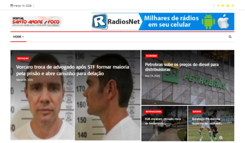 Relação de matérias publicadas no Portal Santo André em Foco hoje, 14 de Março de 2026