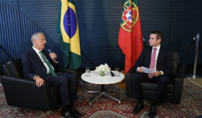 Em encontro na Câmara, Hugo Motta e presidente de Portugal criticam protecionismo