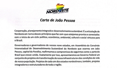 Carta de João Pessoa elaborada pelos governadores do Nordeste elenca eixos prioritários para levar ao presidente Lula