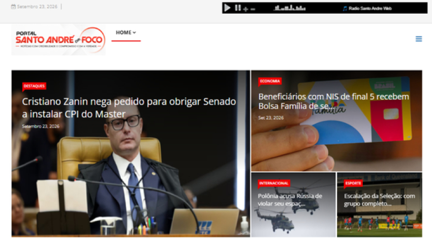 Relação de matérias publicadas no Portal Santo André em Foco hoje, 23 de Setembro de 2026