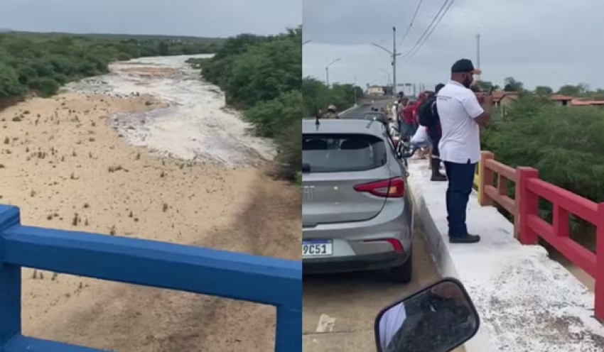 Após chuvas, moradores se reúnem em ponte para assistir o Rio Taperoá enchendo no Cariri da PB