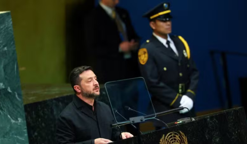 Presidente da Ucrânia, Volodymyr Zelensky inicia seu discurso na Assembleia Geral da ONU