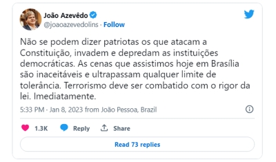 &#039;Terrorismo deve ser combatido&#039;, diz governador da PB sobre invasão ao Congresso, Planalto e STF