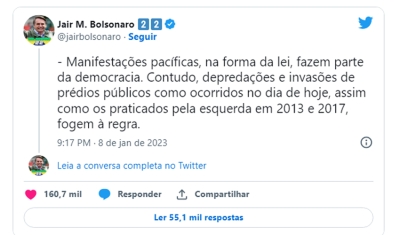 Bolsonaro critica vandalismo no DF e repudia acusações de Lula atribuídas a ele